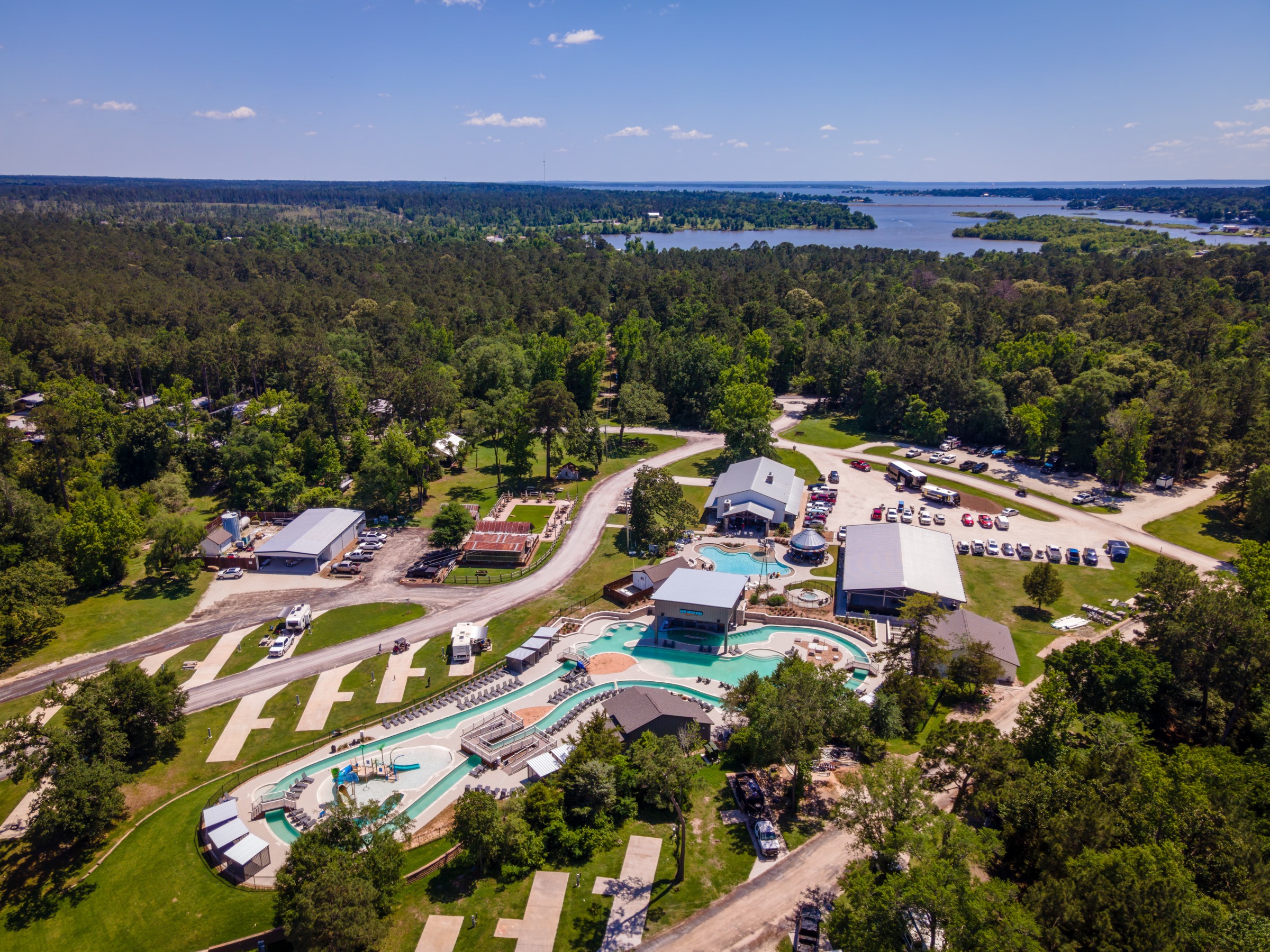 Aerial view of Two Creeks Crossing Resort and Lake Livingston